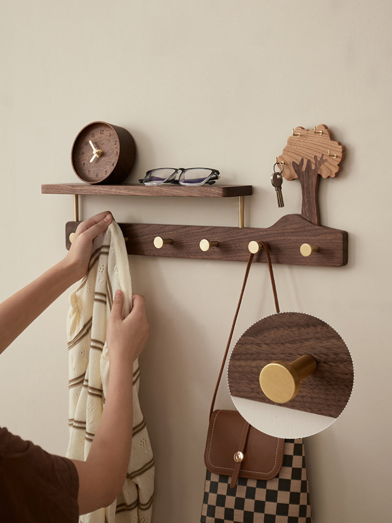 Rustic Tree Wall Organizer - Wooden Shelf with Storage Tray & Brass Hooks