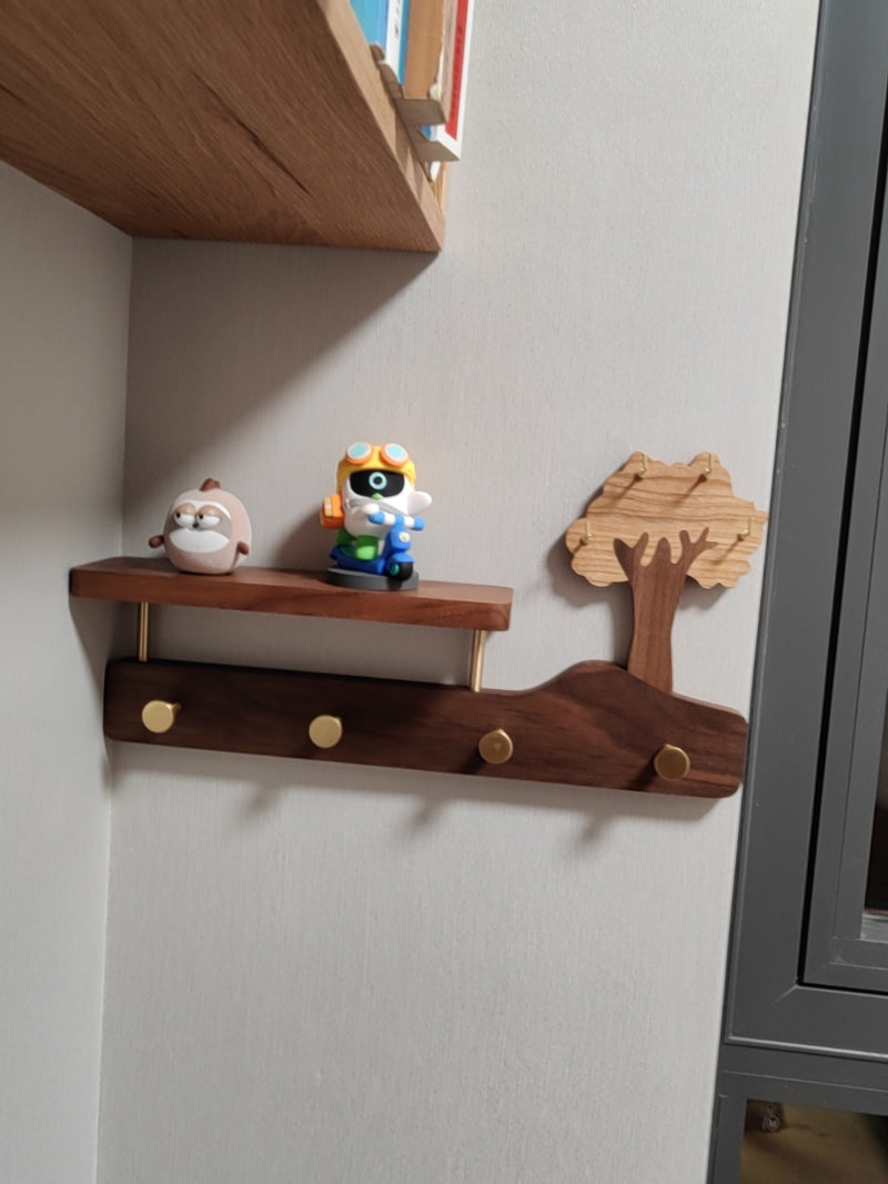 Rustic Tree Wall Organizer - Wooden Shelf with Storage Tray & Brass Hooks