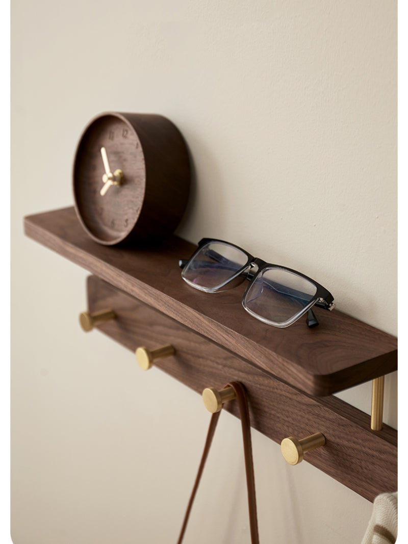 Rustic Tree Wall Organizer - Wooden Shelf with Storage Tray & Brass Hooks