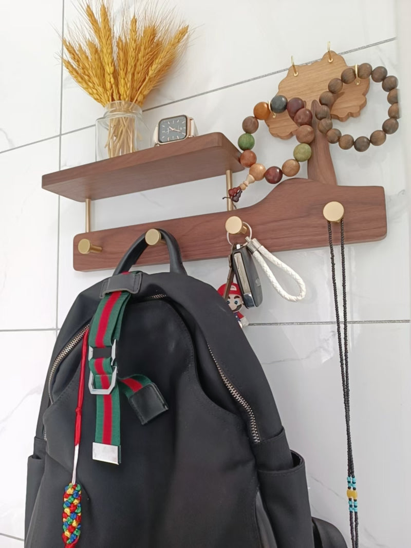 Rustic Tree Wall Organizer - Wooden Shelf with Storage Tray & Brass Hooks
