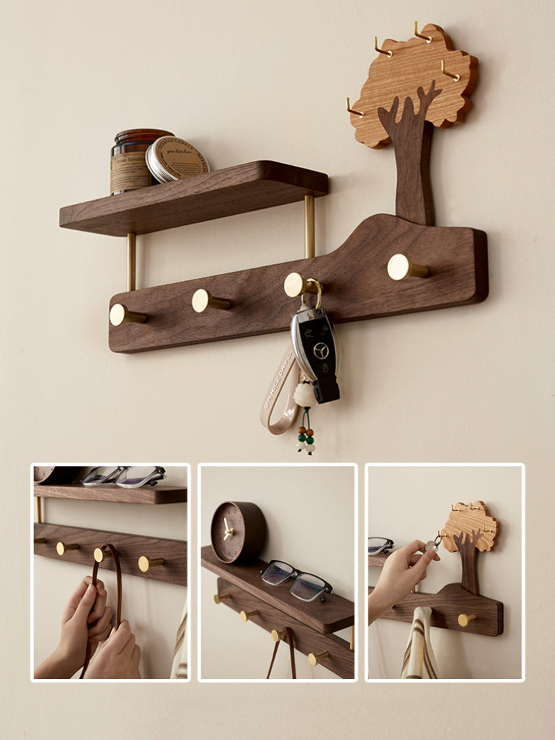 Rustic Tree Wall Organizer - Wooden Shelf with Storage Tray & Brass Hooks