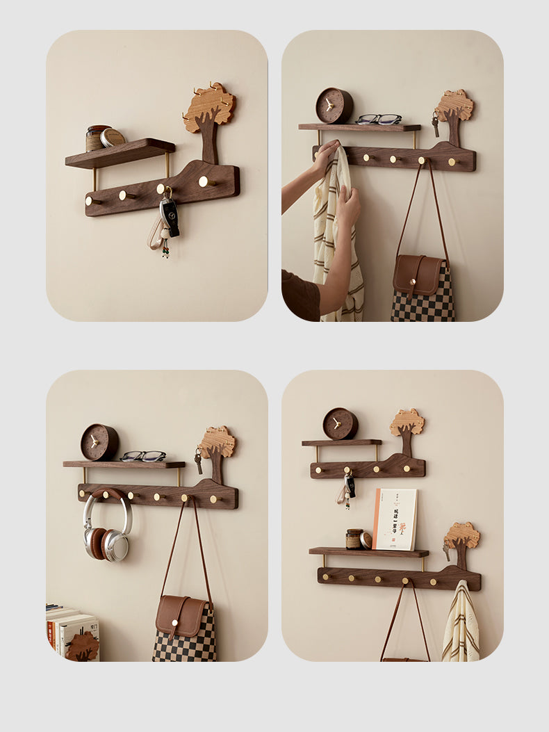 Rustic Tree Wall Organizer - Wooden Shelf with Storage Tray & Brass Hooks