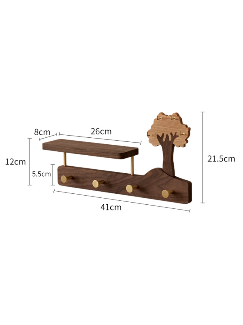 Rustic Tree Wall Organizer - Wooden Shelf with Storage Tray & Brass Hooks