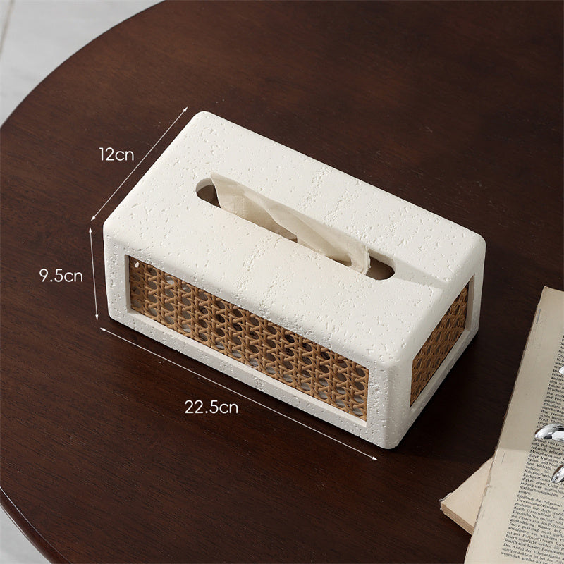 Sandstone - Based Tissue Box with Rattan Weaving, Minimalist Decorative Tissue Holder
