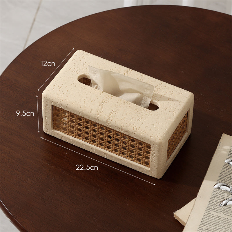 Sandstone - Based Tissue Box with Rattan Weaving, Minimalist Decorative Tissue Holder