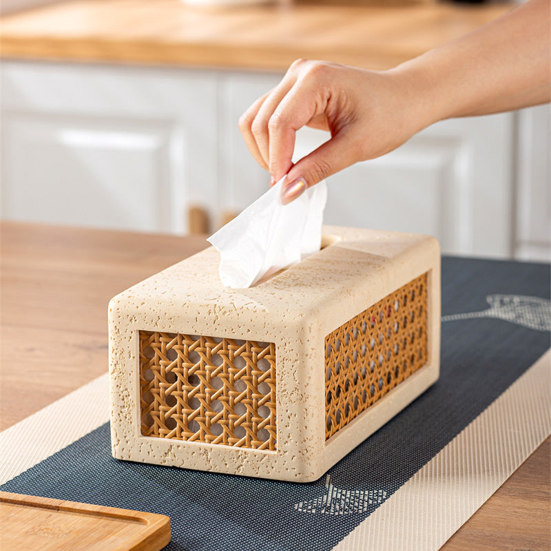 Sandstone - Based Tissue Box with Rattan Weaving, Minimalist Decorative Tissue Holder