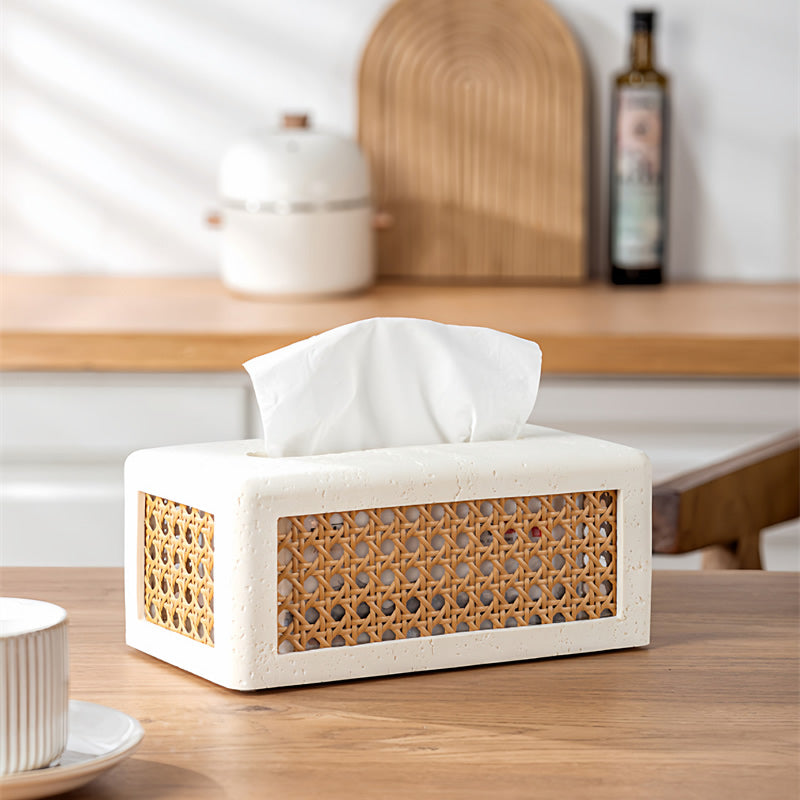 Sandstone - Based Tissue Box with Rattan Weaving, Minimalist Decorative Tissue Holder