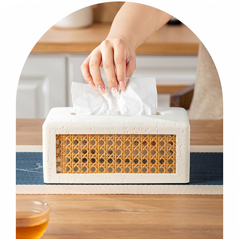 Sandstone - Based Tissue Box with Rattan Weaving, Minimalist Decorative Tissue Holder
