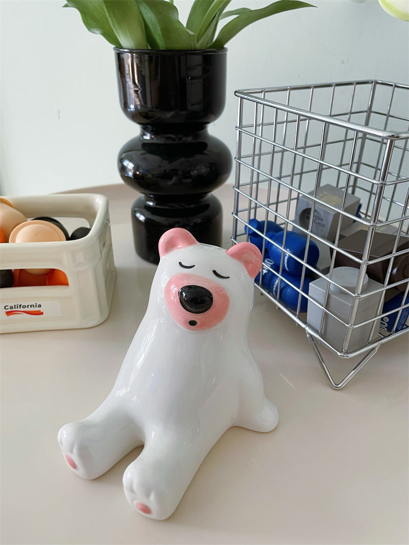 Sleeping Bear Ceramic Phone Holder,Iphone Stand, Cute Small Ornaments