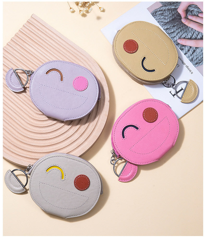 Smiley Face Cowhide Wallet - Compact & Cute Card Holder