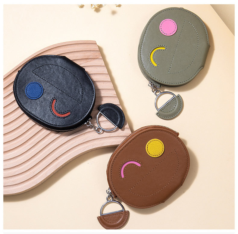 Smiley Face Cowhide Wallet - Compact & Cute Card Holder