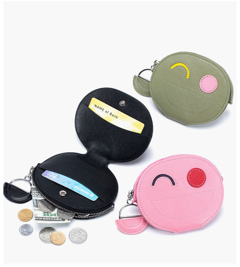 Smiley Face Cowhide Wallet - Compact & Cute Card Holder
