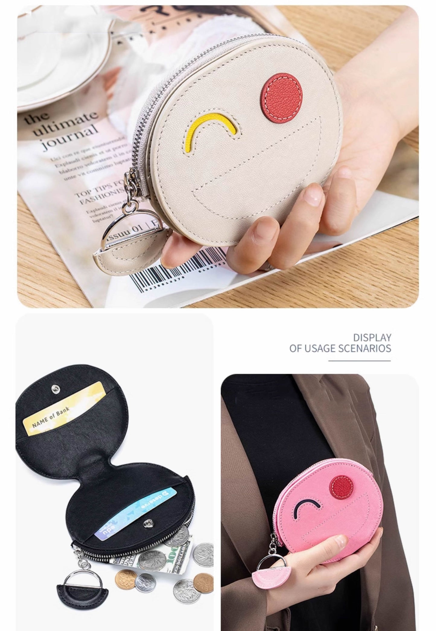 Smiley Face Cowhide Wallet - Compact & Cute Card Holder
