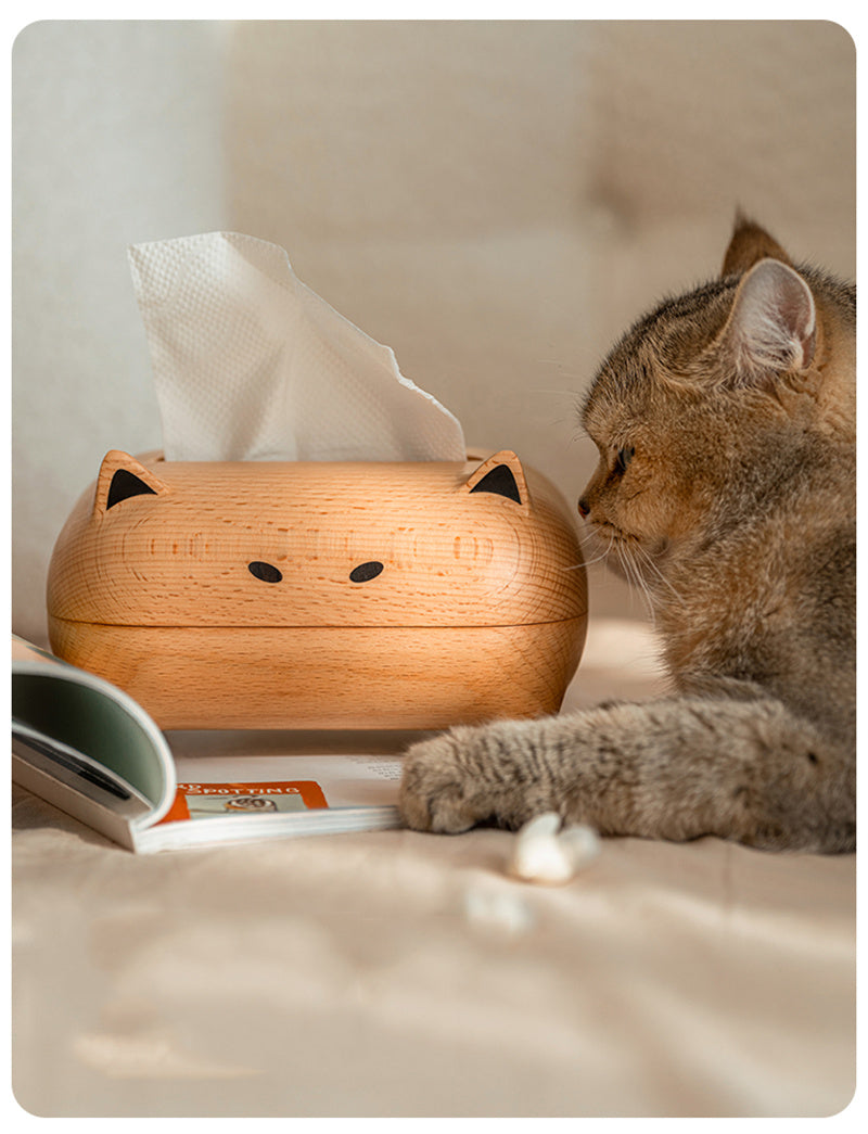 Solid Wood Abstract Art Cat Tissue Box - Home Office Decoration