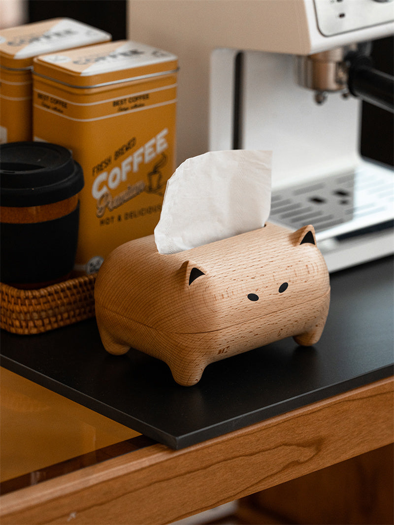 Solid Wood Abstract Art Cat Tissue Box - Home Office Decoration