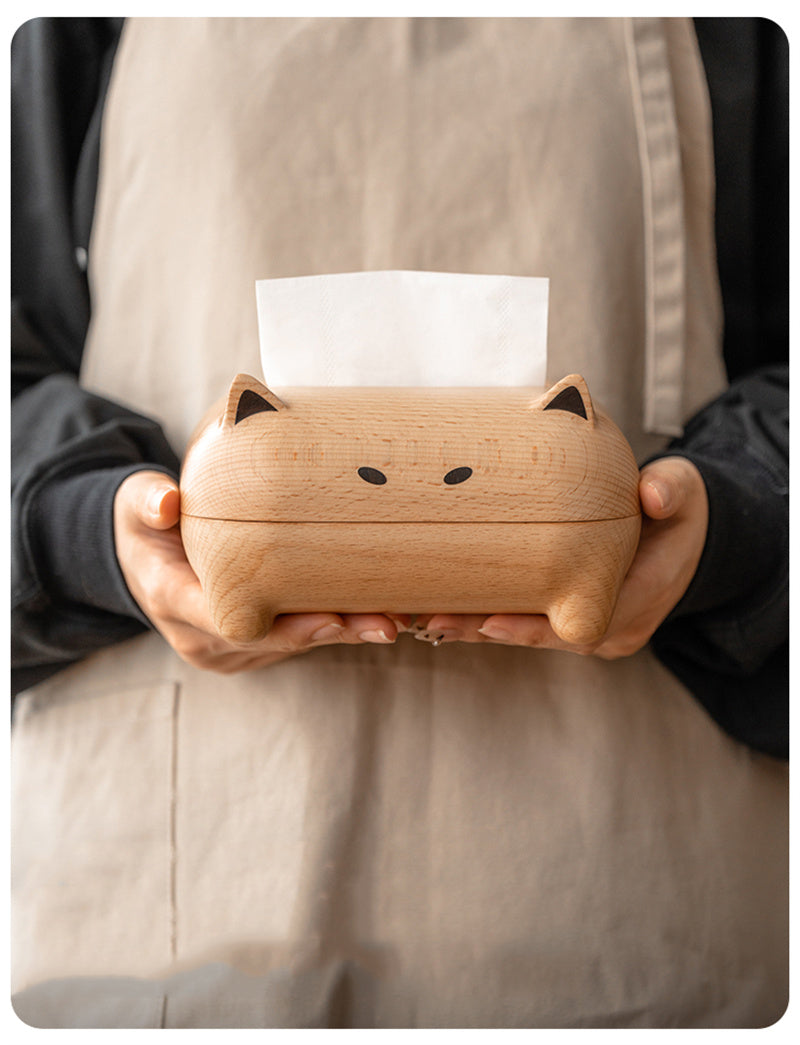 Solid Wood Abstract Art Cat Tissue Box - Home Office Decoration