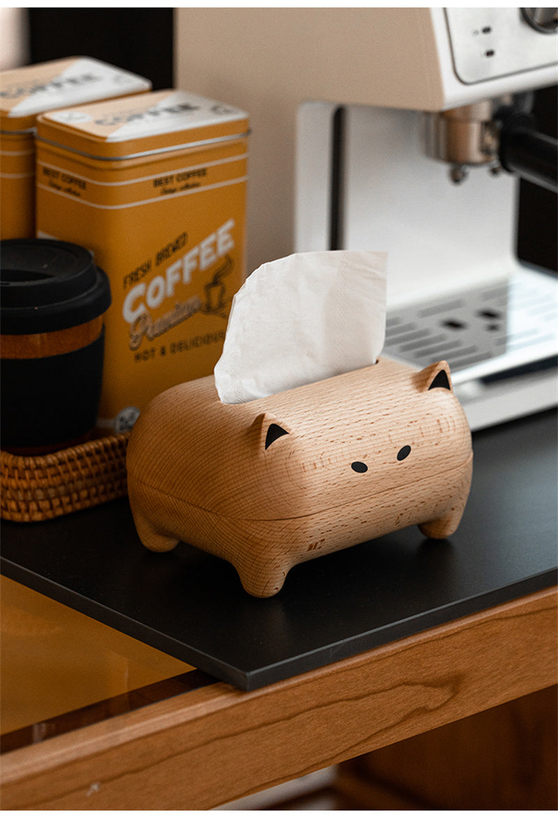 Solid Wood Abstract Art Cat Tissue Box - Home Office Decoration