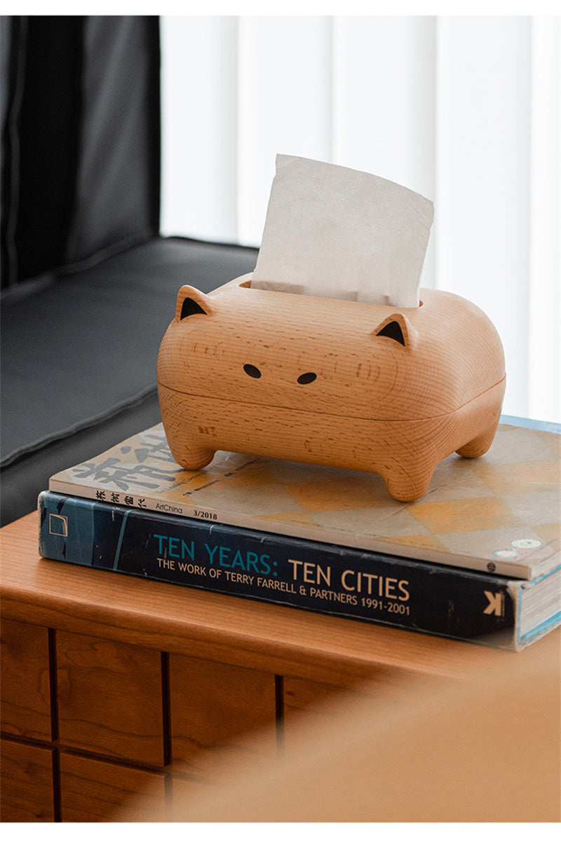 Solid Wood Abstract Art Cat Tissue Box - Home Office Decoration