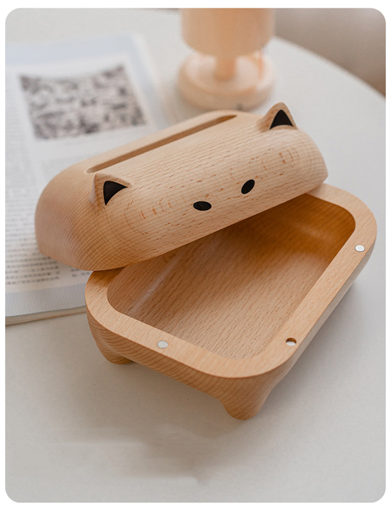 Solid Wood Abstract Art Cat Tissue Box - Home Office Decoration