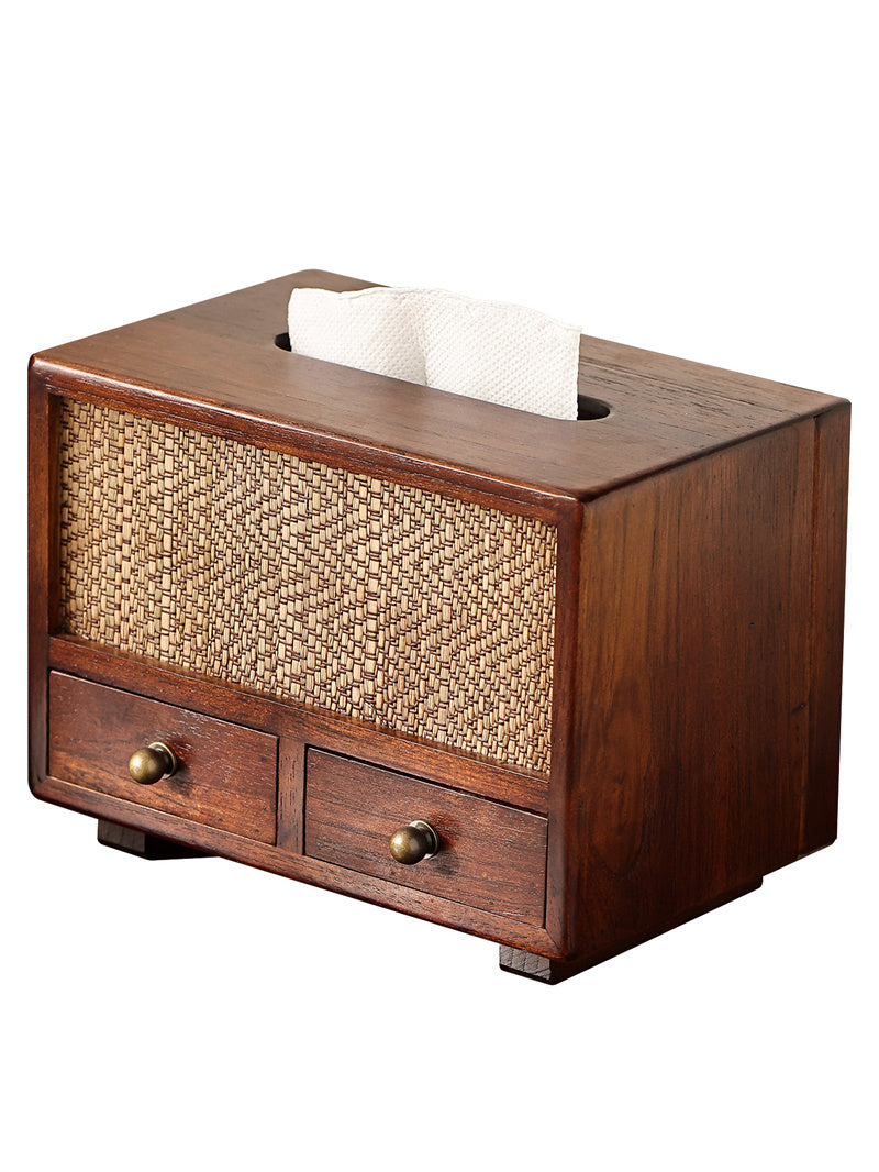 Solid Wood Rattan Tissue Box with Drawers - Vintage Napkin Holder Storage Organizer for Home Tea Room Decor Gift