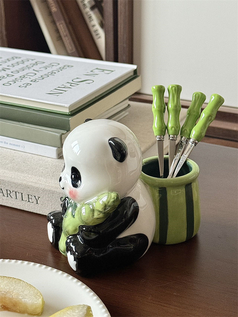 Stainless Steel Fruit Forks with Ceramic Panda Holder