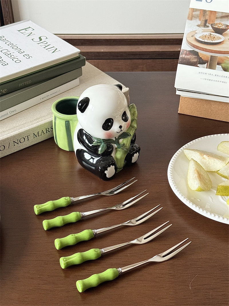 Stainless Steel Fruit Forks with Ceramic Panda Holder