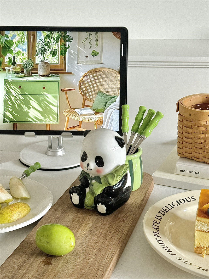 Stainless Steel Fruit Forks with Ceramic Panda Holder