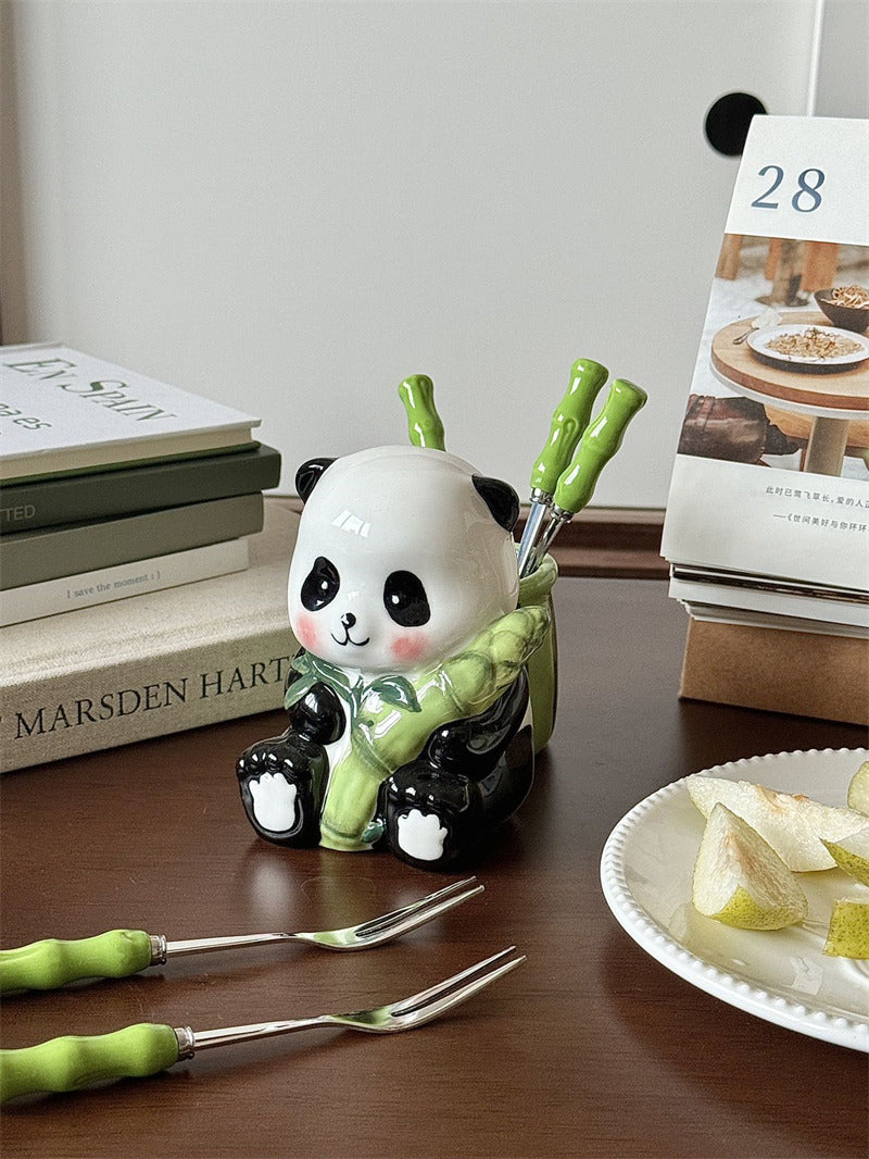 Stainless Steel Fruit Forks with Ceramic Panda Holder