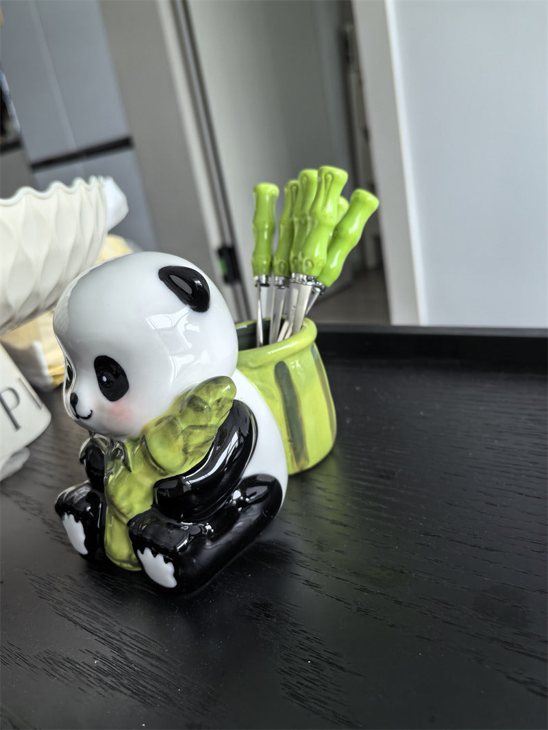 Stainless Steel Fruit Forks with Ceramic Panda Holder
