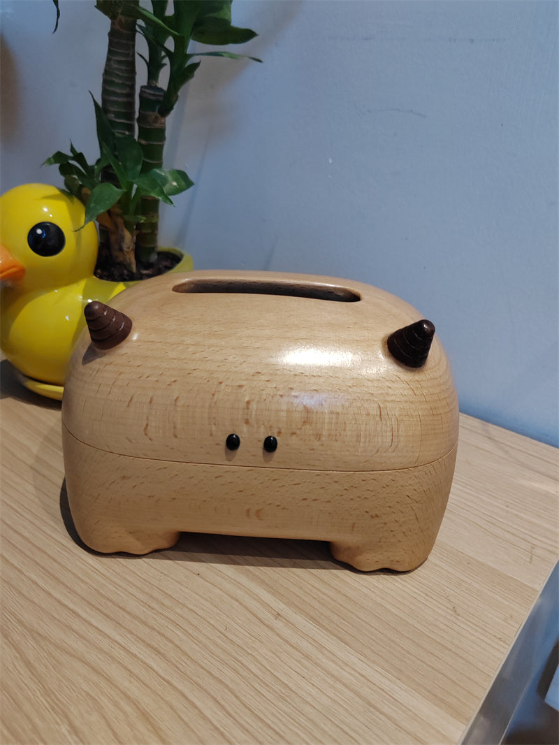 Strange Big-horned Beast Wooden Tissue Box, Home Office Art Alternative Decor