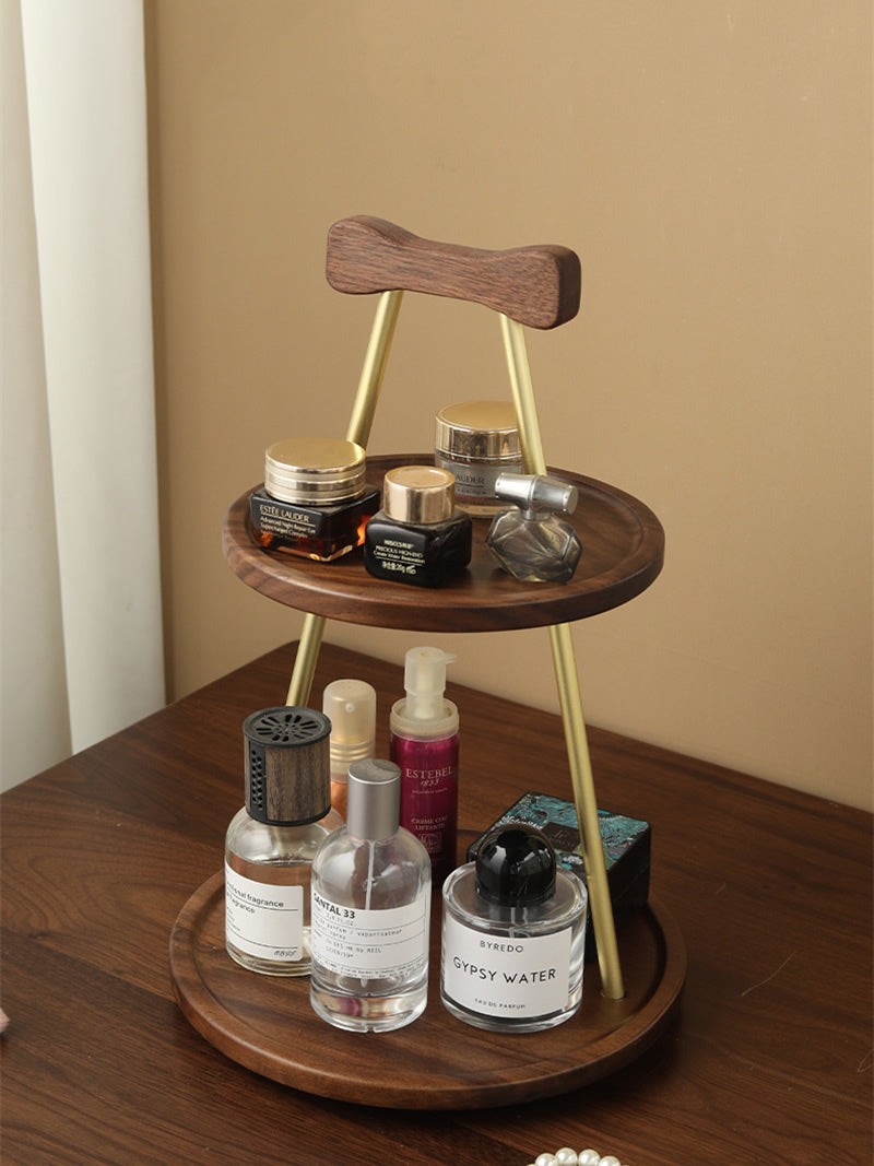 Two-Tier Walnut Cosmetic Organizer – Wooden Storage Tray for Perfume, Makeup & Skincare