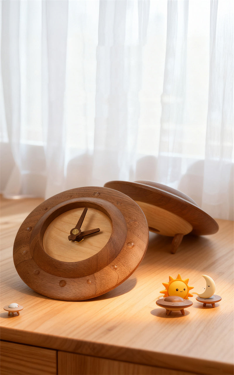 UFO Black Walnut Small Table Clock, Minimalist Wooden Desk Clock Decor