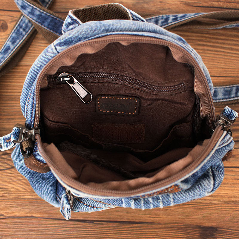 Vintage Denim Mini Backpack - Convertible Crossbody Bag with Distressed Details
