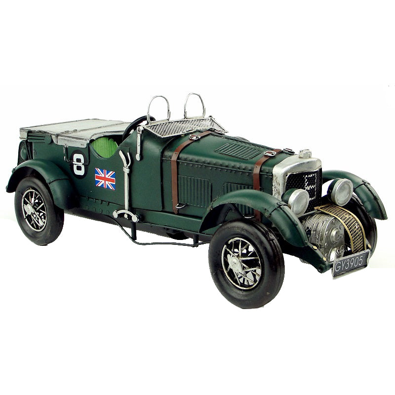 Vintage Green Metal Car Model - Retro Collectible with Spare Tire, Engine, and Classic Detailing