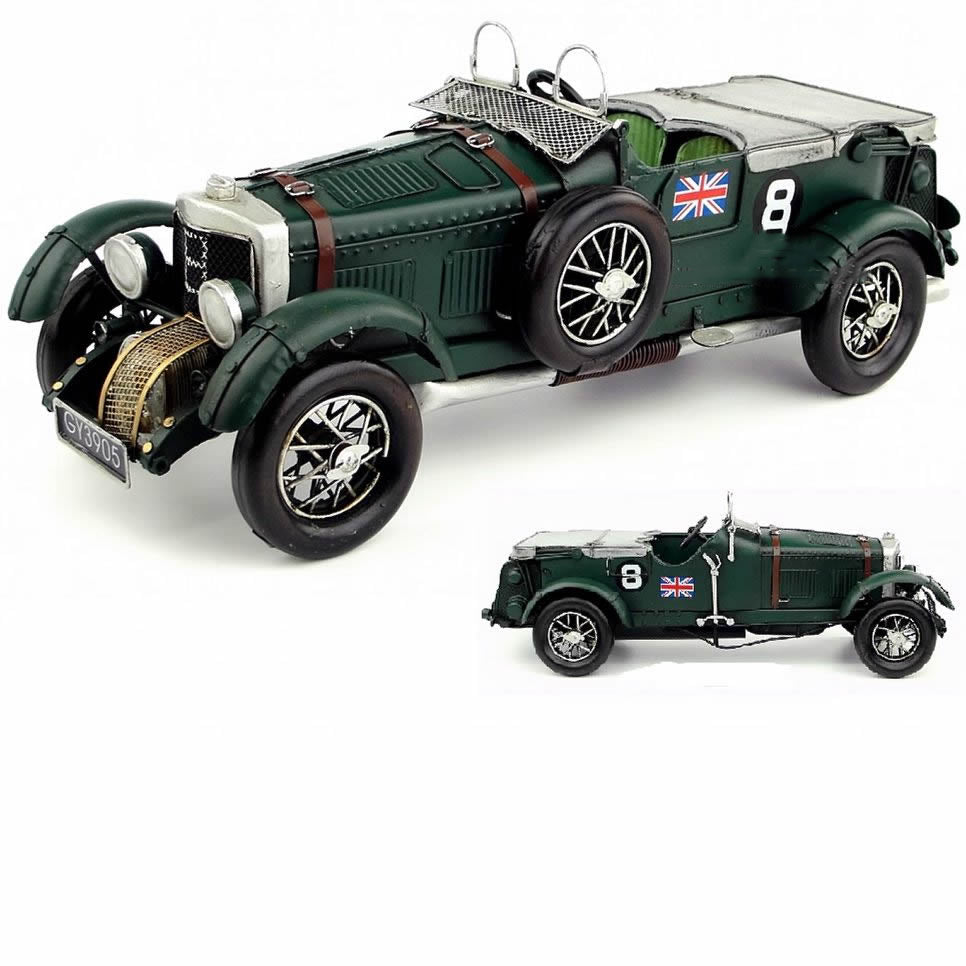 Vintage Green Metal Car Model - Retro Collectible with Spare Tire, Engine, and Classic Detailing