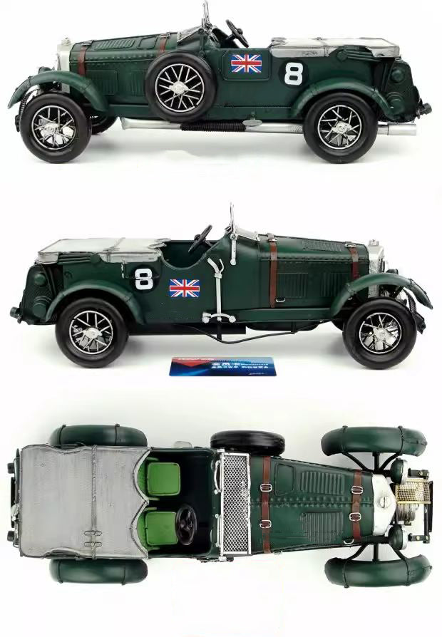 Vintage Green Metal Car Model - Retro Collectible with Spare Tire, Engine, and Classic Detailing