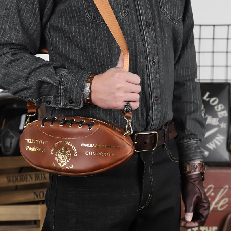 Vintage Leather Football-Shaped Crossbody Bag - Motorcycle Backpack