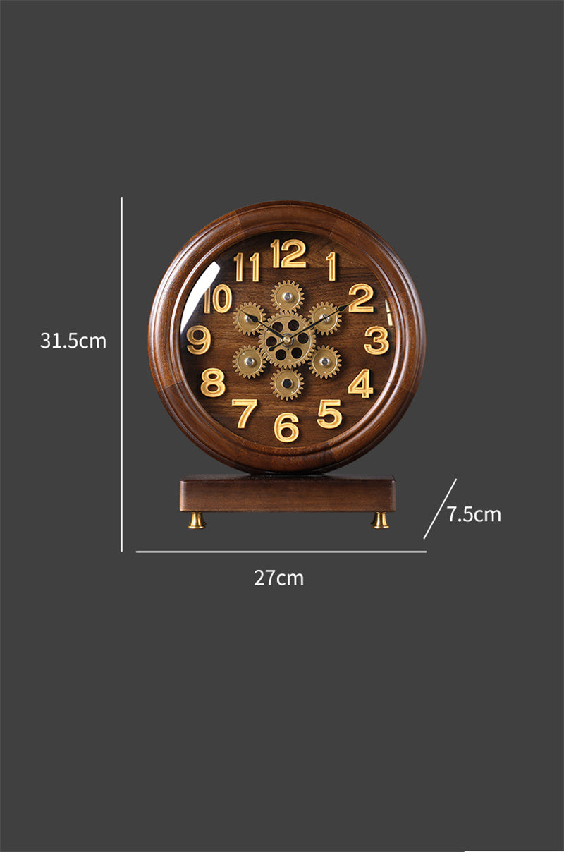 Vintage Wooden Table Clock with Visible Gears, Retro Mechanical - Style Desk Timepiece