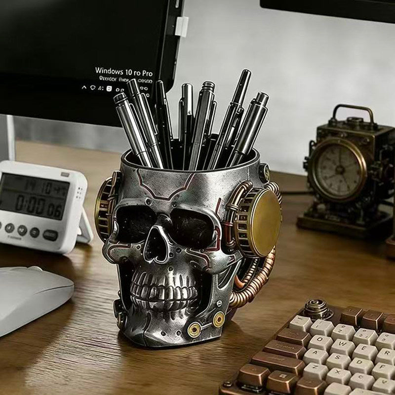 Vinyl Steampunk Skull Pen Holder, Gothic Skull Desk Organizer, Office Home Decor Gift for Men