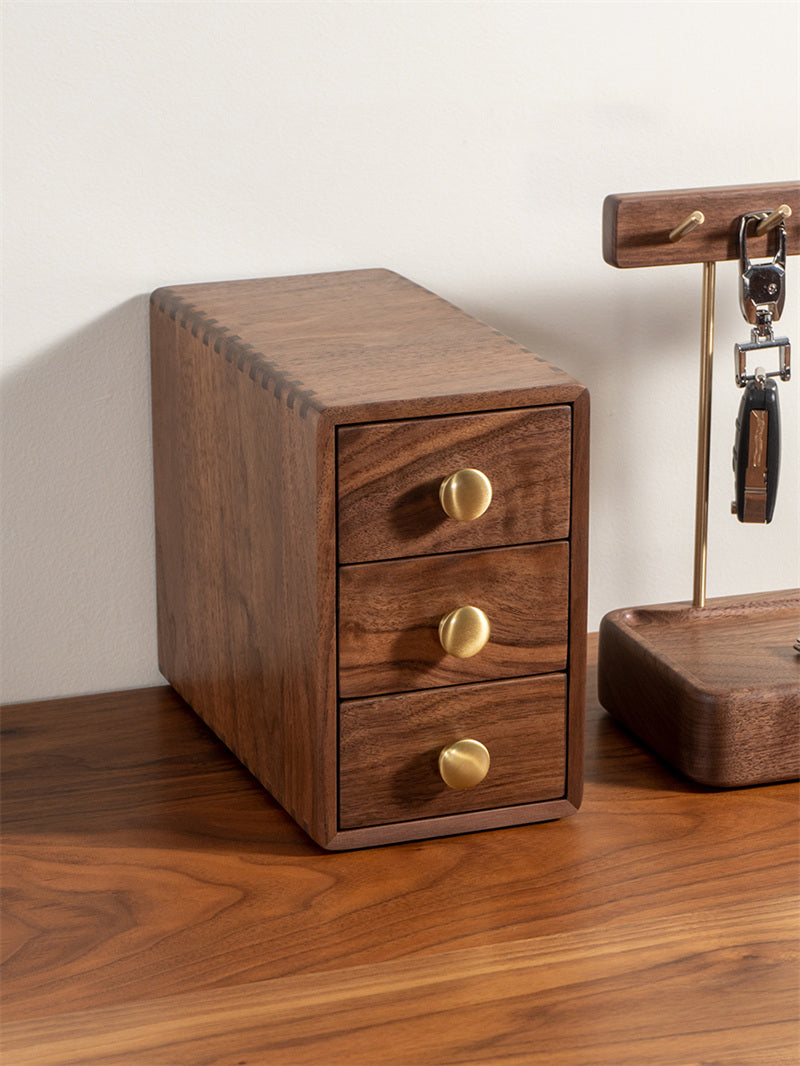 Walnut Wood 3-Drawer Storage Box – Elegant Wooden Organizer for Desk, Dresser & Nightstand
