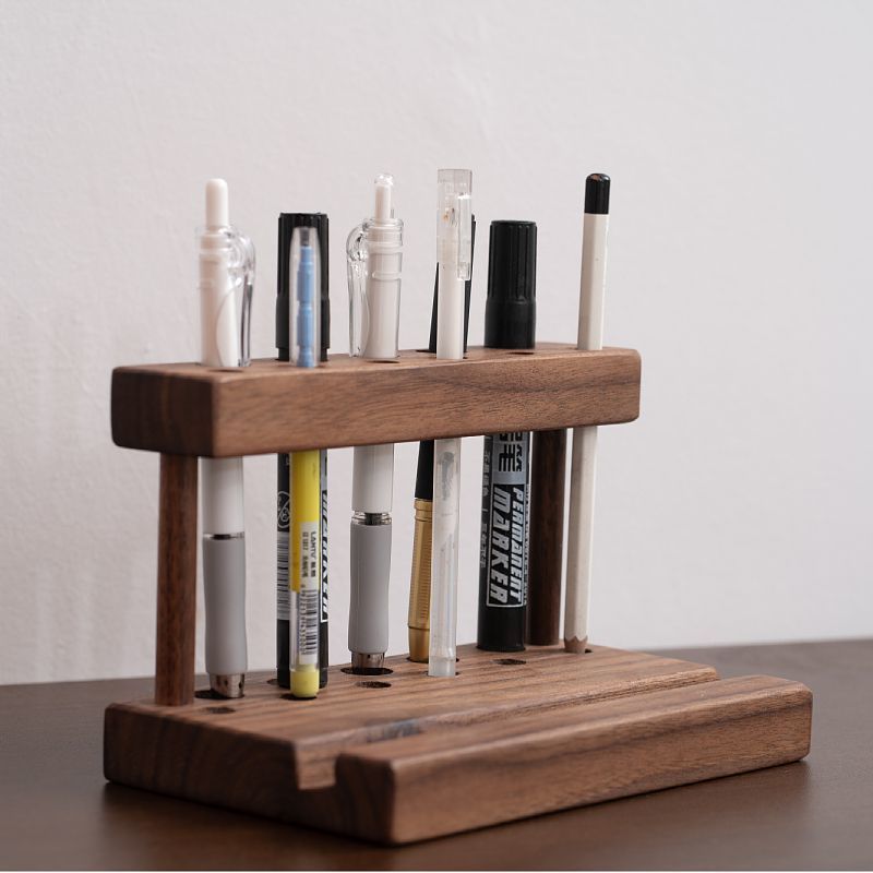 Walnut Wood Pen Holder&Phone Stand - Desk Organizer for Pens & Markers, Office & Home Storage