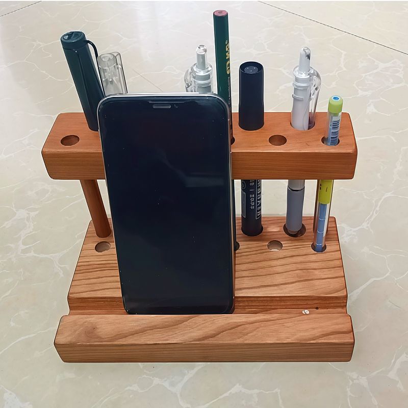 Walnut Wood Pen Holder&Phone Stand - Desk Organizer for Pens & Markers, Office & Home Storage