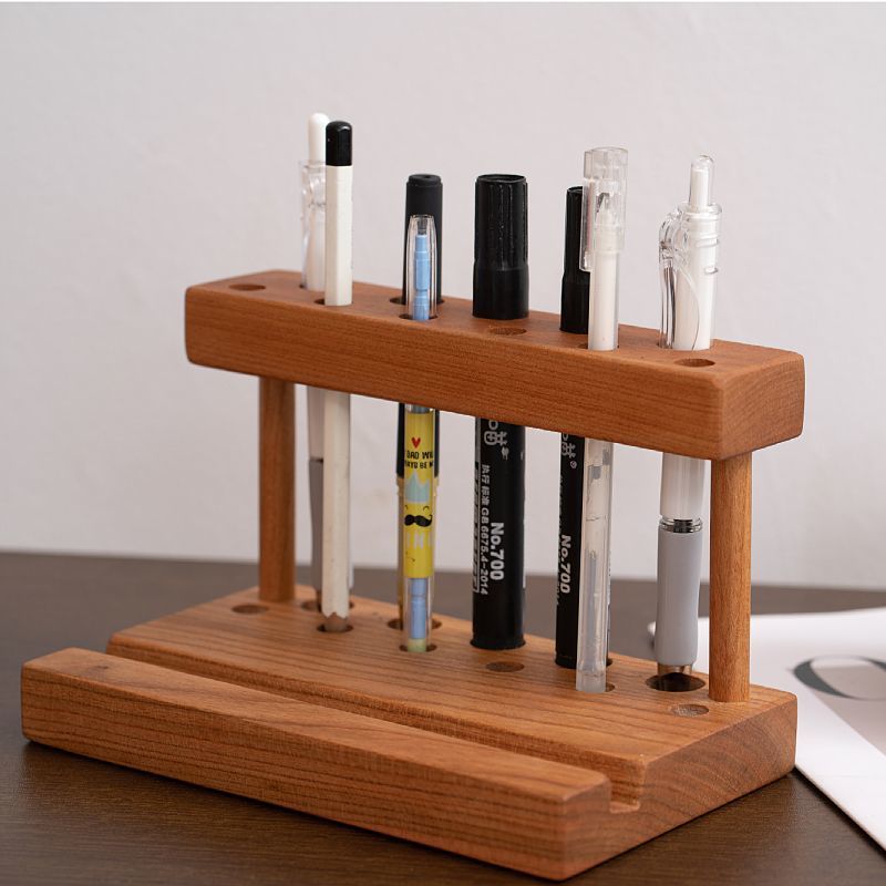 Walnut Wood Pen Holder&Phone Stand - Desk Organizer for Pens & Markers, Office & Home Storage