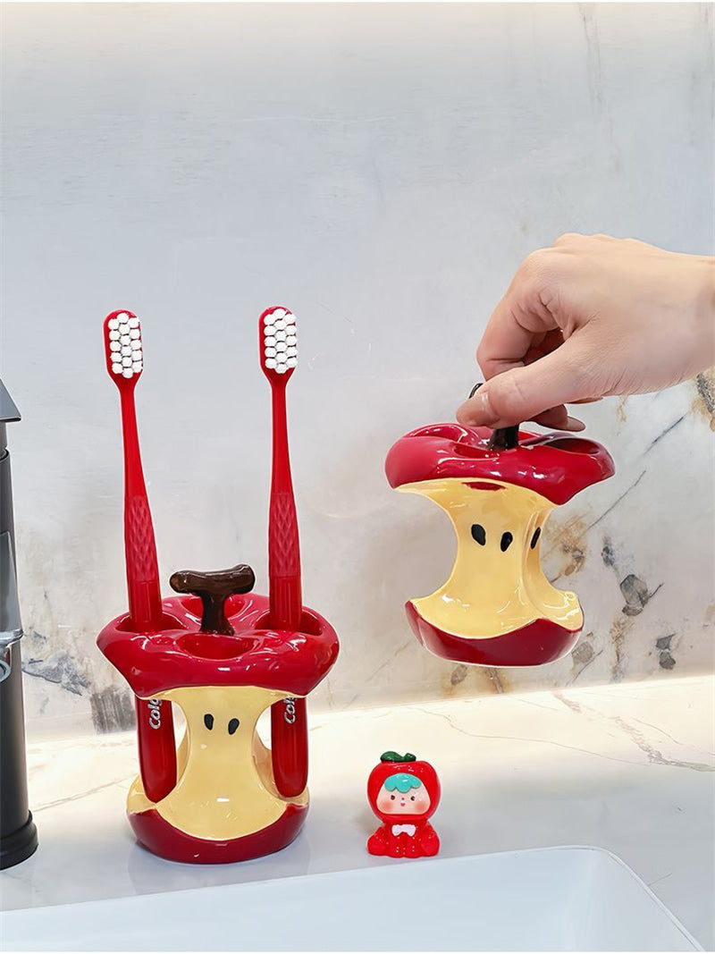 Whimsical Apple Core Ceramic Toothbrush Holder - Fun Bathroom Decor Organizer