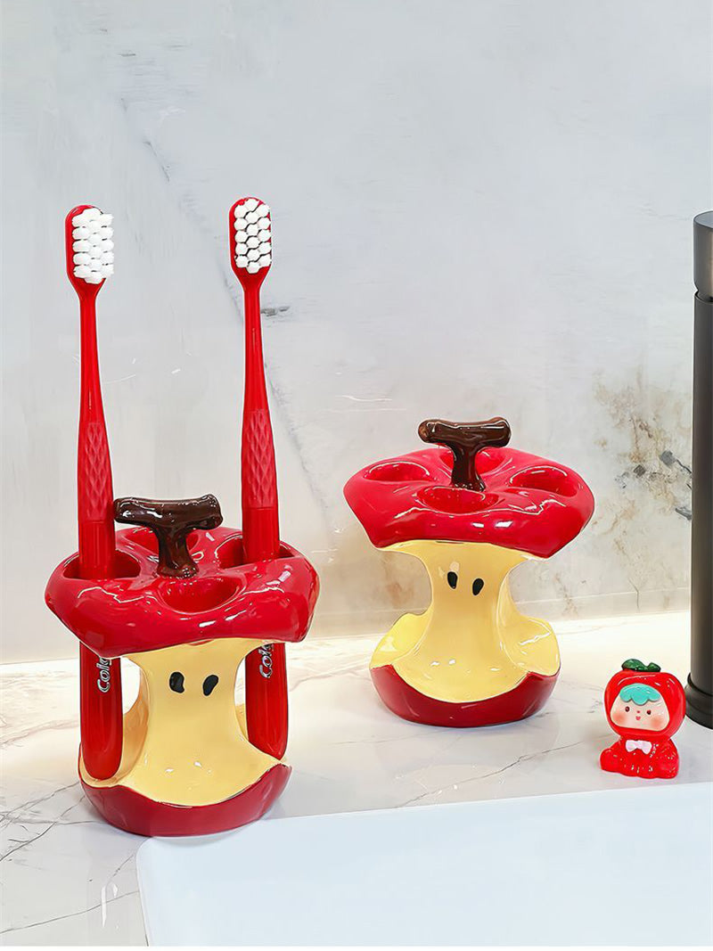 Whimsical Apple Core Ceramic Toothbrush Holder - Fun Bathroom Decor Organizer