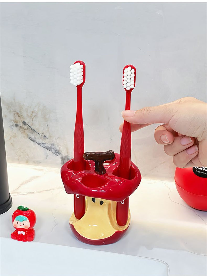 Whimsical Apple Core Ceramic Toothbrush Holder - Fun Bathroom Decor Organizer