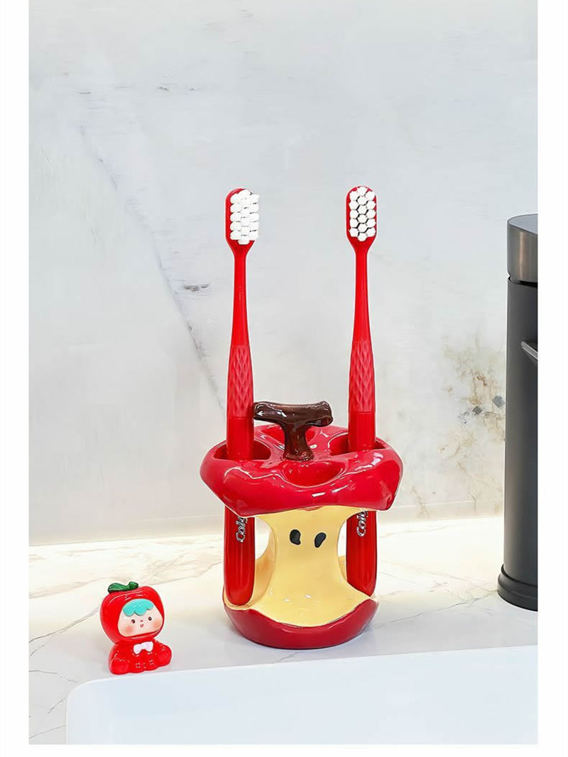 Whimsical Apple Core Ceramic Toothbrush Holder - Fun Bathroom Decor Organizer