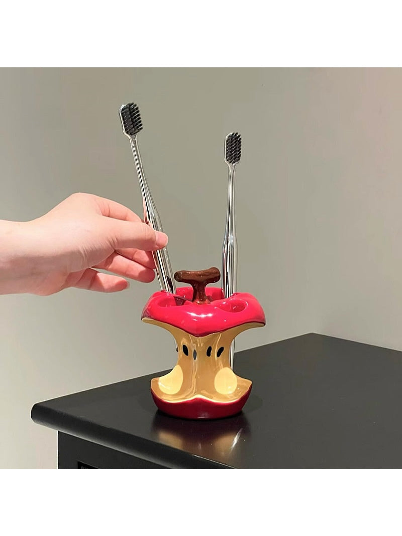 Whimsical Apple Core Ceramic Toothbrush Holder - Fun Bathroom Decor Organizer