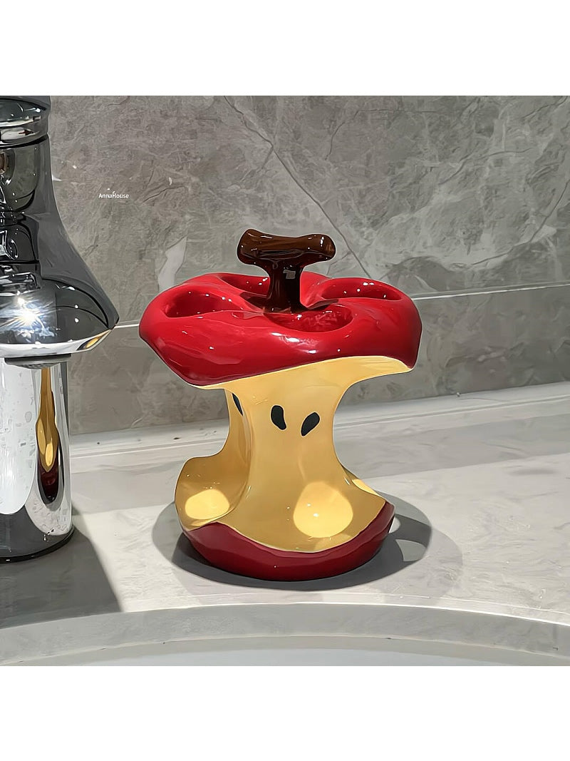 Whimsical Apple Core Ceramic Toothbrush Holder - Fun Bathroom Decor Organizer