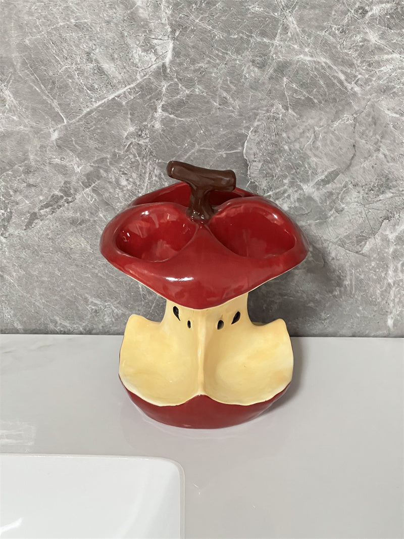 Whimsical Apple Core Ceramic Toothbrush Holder - Fun Bathroom Decor Organizer